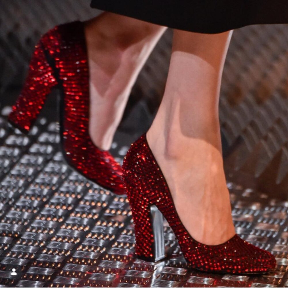 Prada Red Crystal Covered Satin Block Heel Ruby Slipper Pumps IT 37.5 Runway - Picture 2 of 12